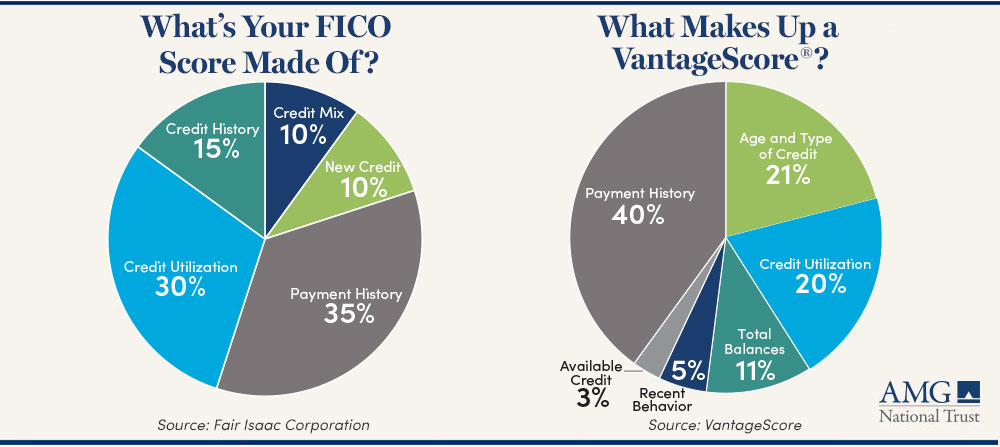 Pie charts showing what makes up your credit score. 